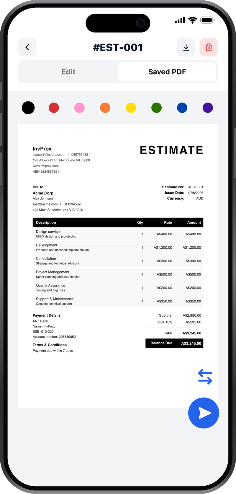 An estimate ready to convert into an invoice in InvProx