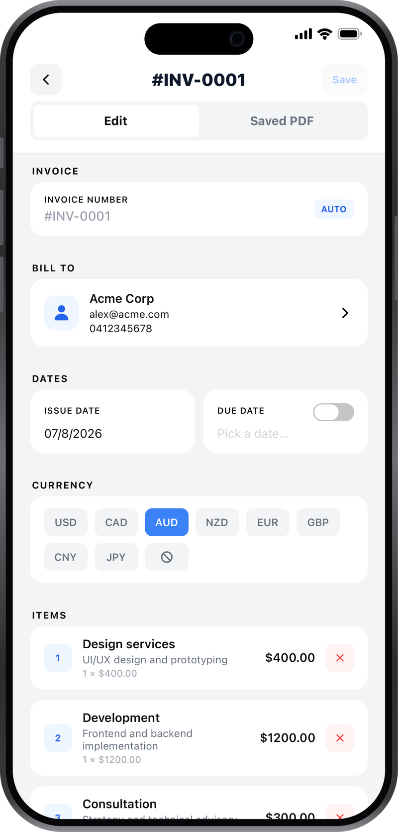 Creating an invoice in InvProx