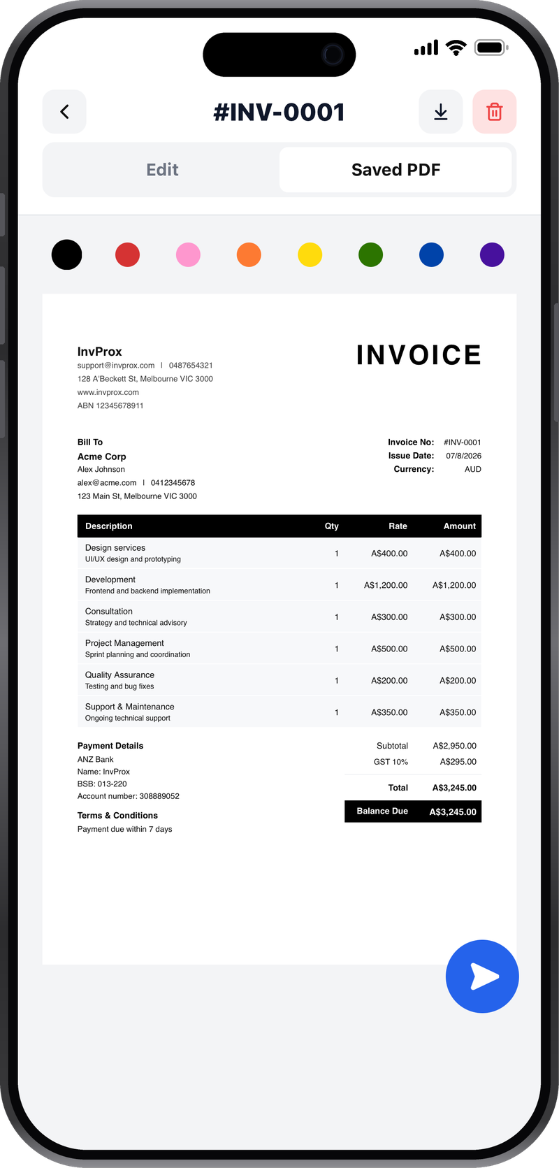An invoice previewed in InvProx